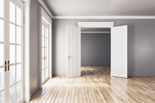 Open white door in modern living room