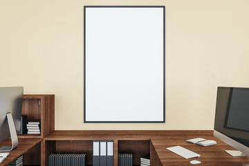 Minimalistic coworking office interior with empty wall