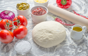 Ingredients for making neapolitan pizza. Prepare Italian pizza raw dough 