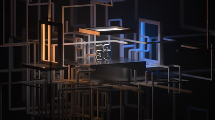 Conceptual image of 5g lettering against the background with links and pipes environment consisting of connections in different directions. 3d illustration in isometic style