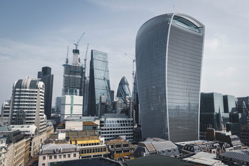 Skyscrapers in London as seen from The Monument viewpoint. The famous 'Walkie Talkie' building in...