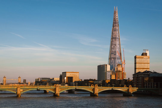 The Shard at sunset. The golden hour lights up this spectacular piece or architecture as the dusk draws in. 