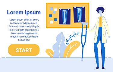 Leg Fracture Xray Picture Hanging on Board in Hospital Room Cartoon Flat Vector Illustration. Medical Doctor in Uniform Holding Crutch for Patient with Broken Body Part. Consultation with Trauma.