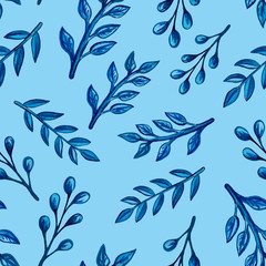 Set of watercolor drawing herbs, branches and flowers illustration. Floral botanical seamless pattern