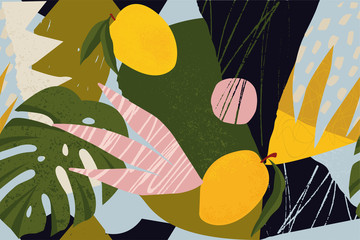 Collage motif floral sans couture contemporain. Illustration moderne de fruits et de plantes de la jungle exotique en vecteur.