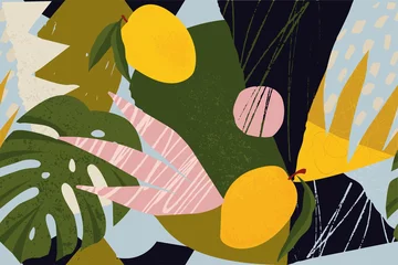 Photo sur Plexiglas Pour elle Collage motif floral sans couture contemporain. Illustration moderne de fruits et de plantes de la jungle exotique en vecteur.