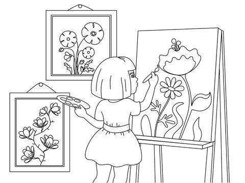 Children coloring. A girl draws pictures, flowers. Black lines, white background. Cartoon vector