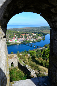 View through the window of Rozafa Fortress in Shkoder(Shkodra), Albania.