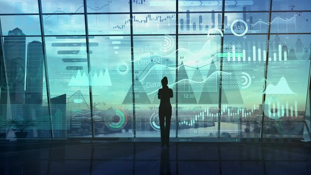 Business woman working with big data array.
