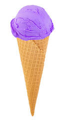 blueberry ice cream in the cone on white background with