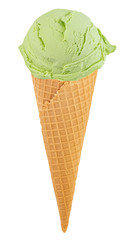 pistachio ice cream in the cone on white background with clipping path