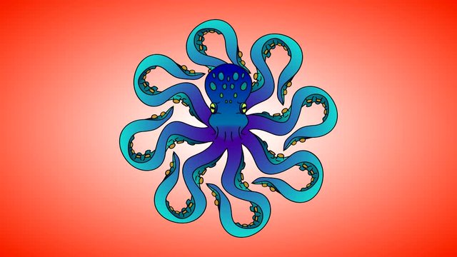 The drawn octopus rotates its tentacles in close-up with the alpha channel in the form of a black and white brightness mask for cutting out the background during video editing. Looped video
