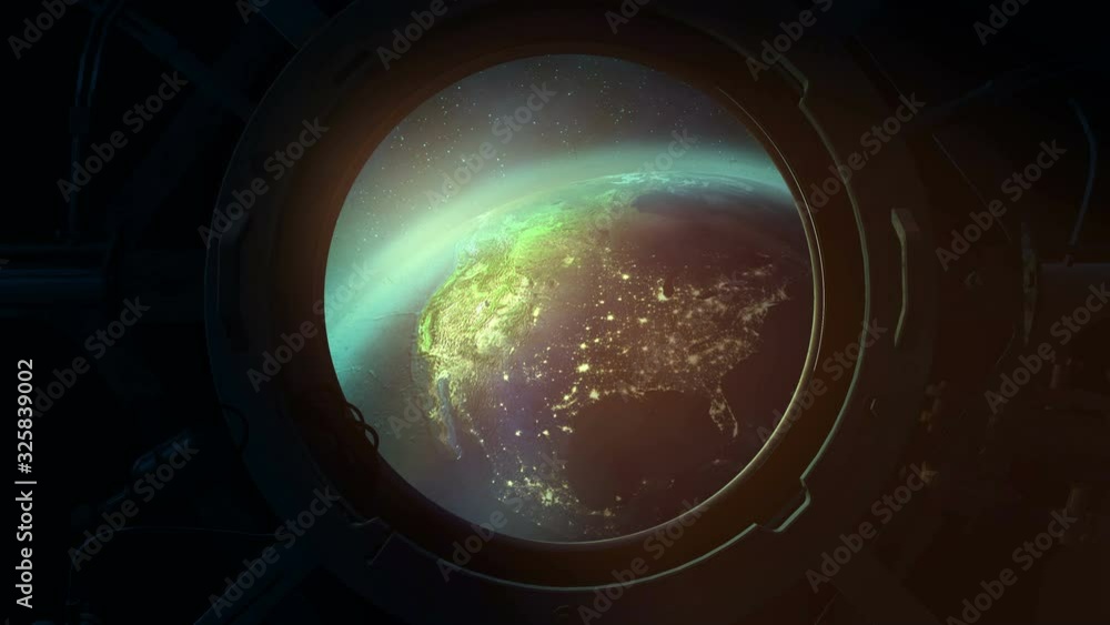 Poster globe from the porthole of a spaceship.