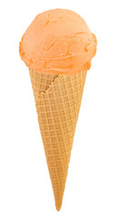 orange ice cream in the cone on white background with clipping path