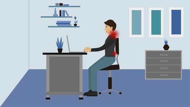 2D animation, young Caucasian man sitting down on chair in office. Red sign of pain in back and in neck appearing. Concept of health care, professional illness, sedentary lifestyle.