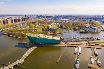 Aerial view of the Nemo Science Museum. The building is in the form of a green ship. Nemo was...