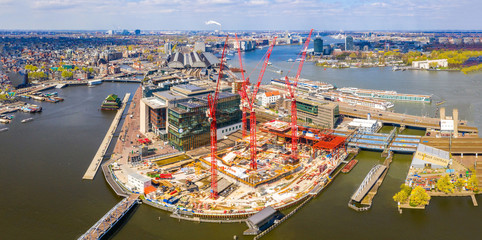 Construction works in Amsterdam, Netherlands. Building a skyscraper.