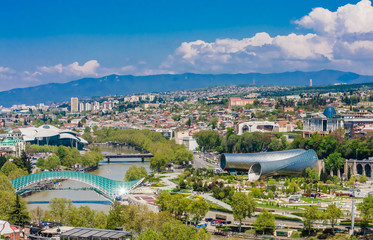 Panoramic view of Tbilisi city from Sololaki Hill, old town and modern architecture.  Georgia