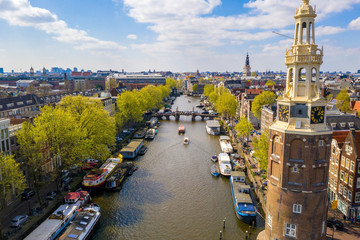 Amsterdam skyline in historical area, Amsterdam, Netherlands. Ariel view of Amsterdam. Landscape...