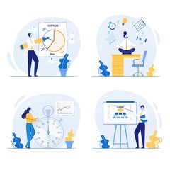 Planning and Tasks Organization on Board Flat Cartoon Vector Illustration. People Making Day Plan. Girl Standing near Stopwatch with Schedule. Man Juggling with Alarm Clock, Lamp, Hourglass.