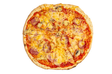 Round pizza on white background.