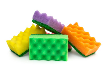 Heap of sponges for washing dish on white.
