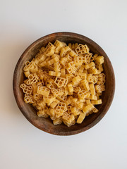 Funny children's food, pasta in the shape of a car and a motorcycle