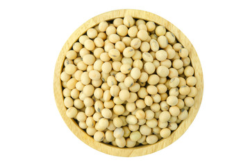 Soy beans in bowl wood top view isolated on white background with clipping path.