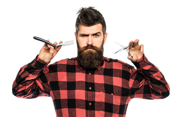 Barber scissors and straight razor, barber shop. Mens haircut, shaving. Bearded man, long beard,...