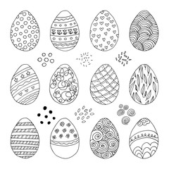 Big set hand drawn easter eggs with decoration. Doodle vector illustration in cute zenart style. Element for greeting cards, posters, stickers and seasonal design. Isolated on white background