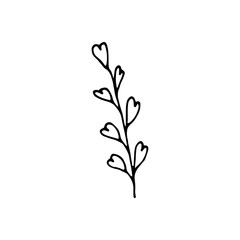 Cute single hand drawn herbal elements with heart leaves. Spring flowers. Doodle vector illustration for wedding design, logo, greeting card and seasonal design