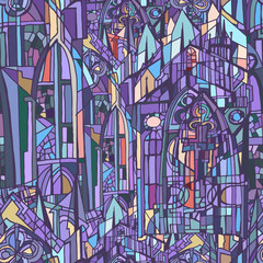Abstract colorful illustration with fictional gothic city at night. Hand drawn. 