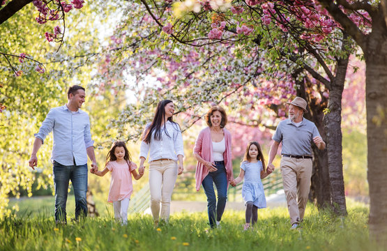 Three generation family walking outside in spring nature.