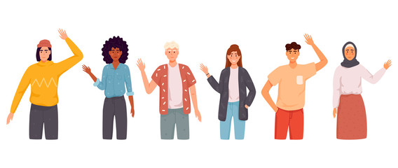 People wave hello. Men, women in casual wear say hello.  © YULIIA