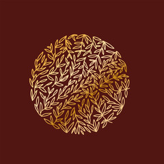 Vector geometric patterned round concept in trendy mono line style. Art deco golden monogram design element on dark brown background. Luxary hand drawn decor