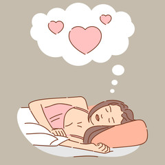 Woman sleeps and saw sweet dreams about love vector banner template. Relax time and good night concept.
