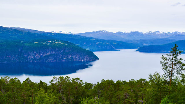 Nordfjorden landscape in Stryn municipality, Vestland county. In these mountains are located glaciers of Jostedalsbreen National Park. Norway.