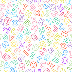 Fototapeta Vector seamless alphabet pattern with colorful outline latin letters. Bright funky print. Multicolor vibrant repeatable unusual background obraz