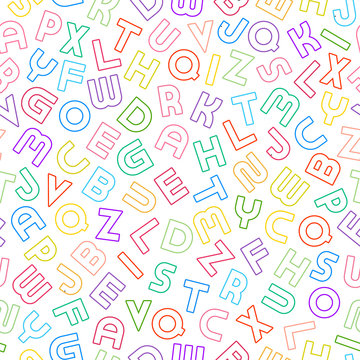 Vector seamless alphabet pattern with colorful outline latin letters. Bright funky print. Multicolor vibrant repeatable unusual background