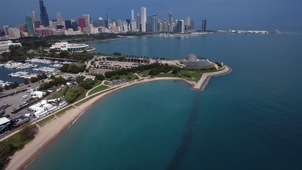 Fototapeta premium Chicago, Illinois lakefront aerial seen from the shores of Lake Michigan in late summer