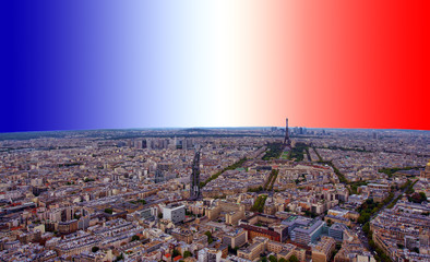Paris city and national flag of France in the sky. abstract concept