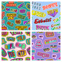 Set of 4 seamless patterns with tags, patches. Quirky cartoon comic style words, phrases of 80-90s. Colorful backgrounds. Vector wallpapers.	