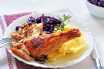 Rosemary baked chicken drumsticks with spice-crusted skin served with braised red cabbage and creamy mashed potatoes on plate