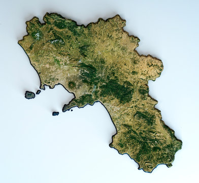 Satellite view of the Campania region. Italy. 3d render. Physical map of Campania, plains, mountains, lakes, mountain range of the Apennines