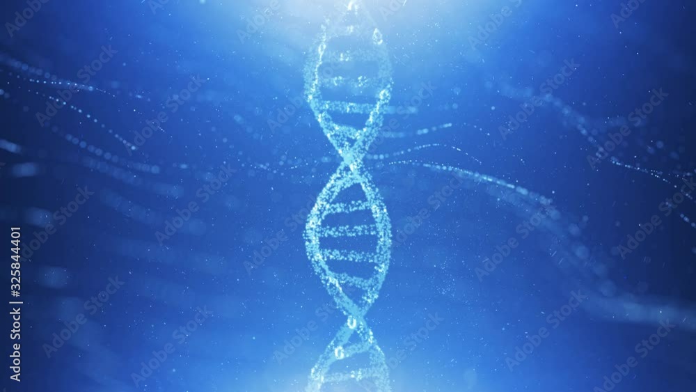 Poster rotation of dna structure on artistic blurry copy space animation background.