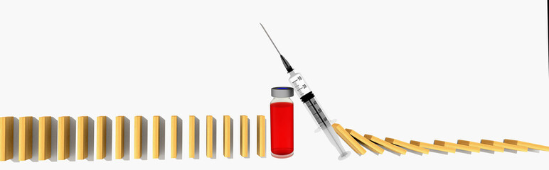 vaccination stop pollution from virus vaccine bottle and domino effect - 3d rendering