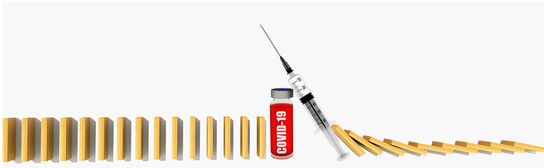 coronavirus covid-19 covid-2019 stop domino vaccination syringe and bottle - 3d rendering