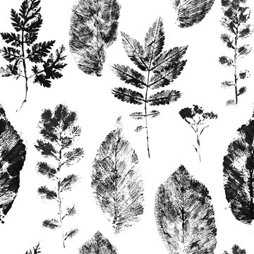 Many handmade ink leaves stamps scattered on white background. Natural autumn, fall seamless pattern.Printing on fabric, card. Stylish decoration for social media, blog post, interior design.