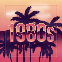 1980's poster design in retro outrun style. Synthwave, Vaporwave, Retrowave background with palm trees. 1980s Retro futuristic background with retro texture. Vector illustration - obrazy, fototapety, plakaty