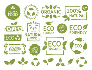 Fototapeta Set of Eco, bio, organic and natural products stickers, labels, badges and logos. Ecology icons set. Logo templates with green leaves for organic and eco friendly products. Vector illustration obraz